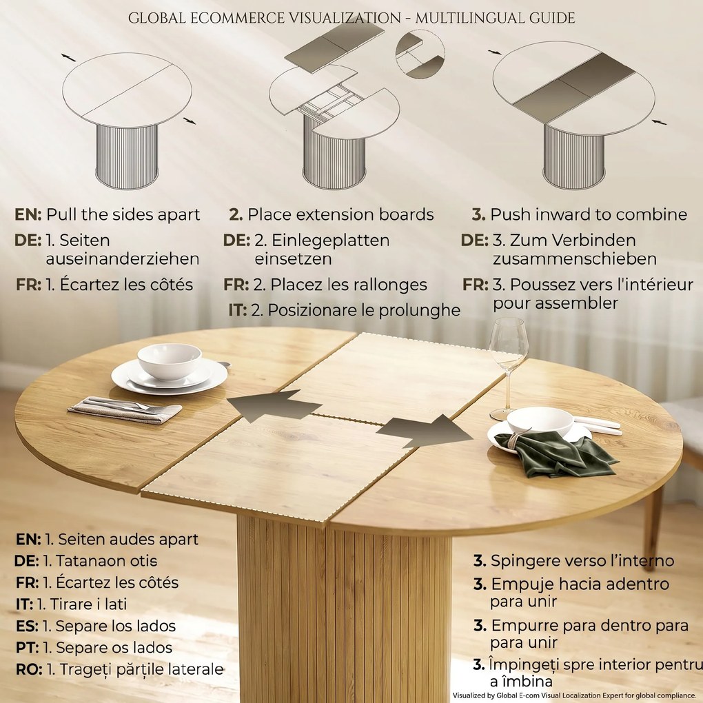 HOMCOM Masă Extensibilă Rotundă pentru 6-8 Persoane, culoare Lemn | Aosom Romania