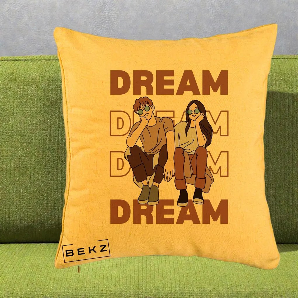 Perna Decorativa Dream Couple Aesthetic, 40x40 cm, Galben, Husa Detasabila, Perna Inclusa, BEKZ®
