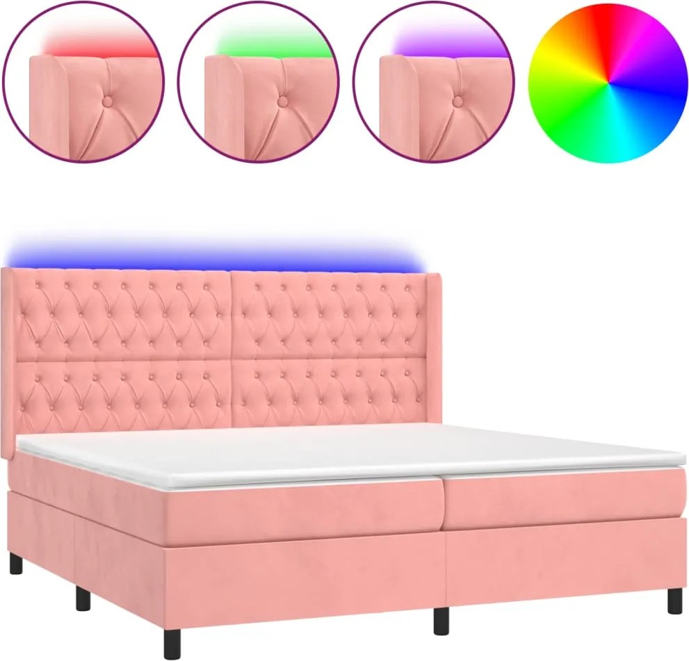 vidaXL Pat cu arcuri, saltea & LED, roz, 180x200 cm, catifea