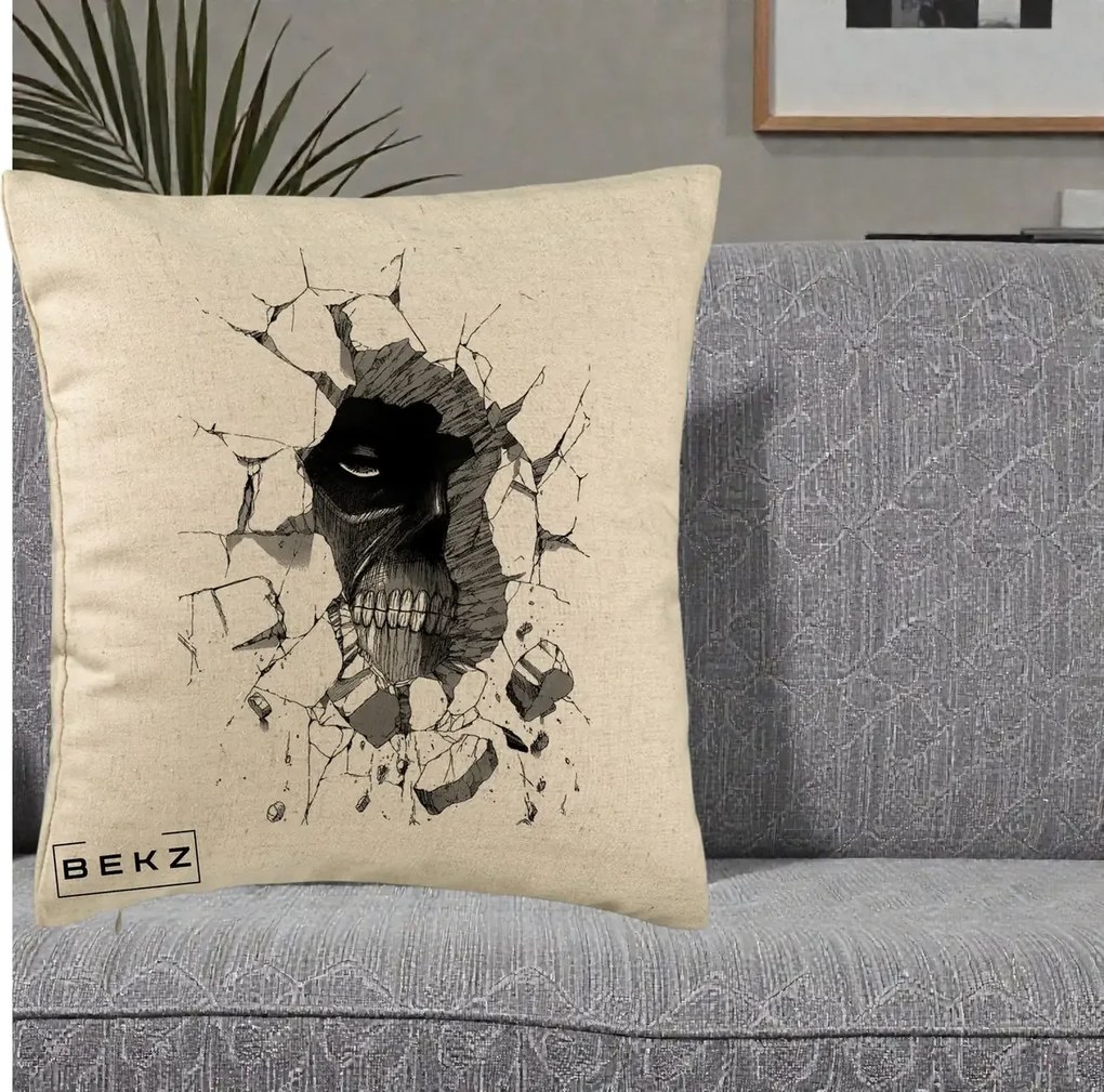 Perna Personalizata Attack on Titan Titan Crapand Zidul, 40x40 cm, Bej, Husa Detasabila, Perna Inclusa, BEKZ®