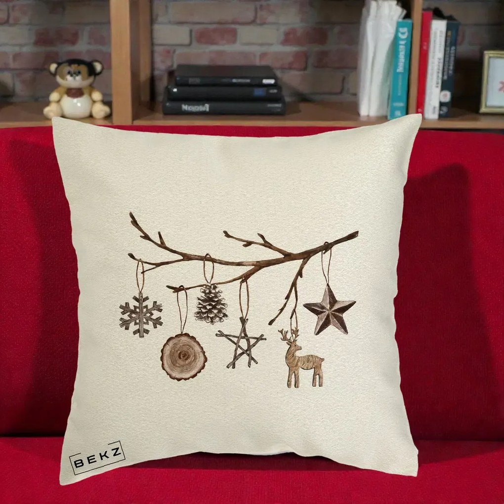Perna Decorativa Ornamente de Lemn pe Ramura, 40x40 cm, Ecru, Husa Detasabila, Perna Inclusa, BEKZ®