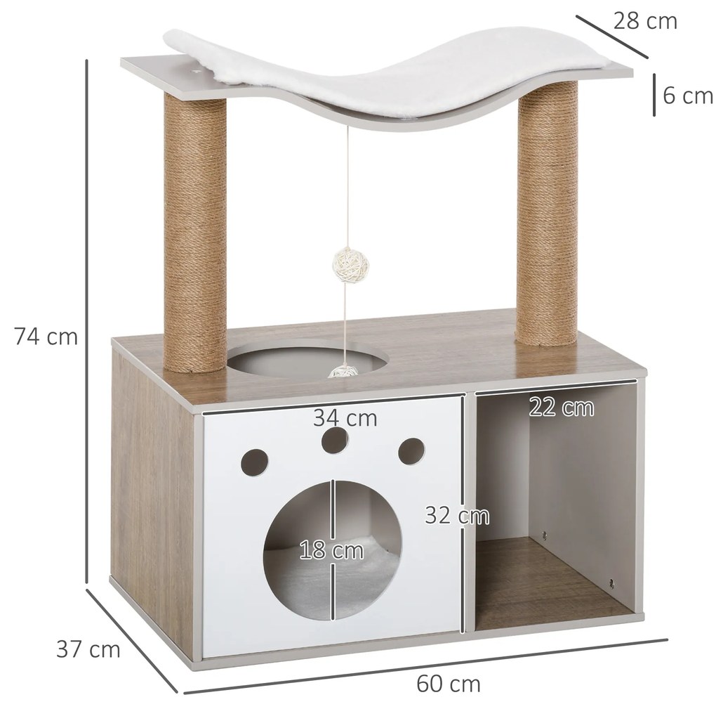 PawHut Copac de zgâriat cu Cusca Minge si Spatiu Deschis pentru Pisici Adulte cu greutatea pana la 5 kg din Lemn, Alb si Maro Deschis, 60x37x74cm