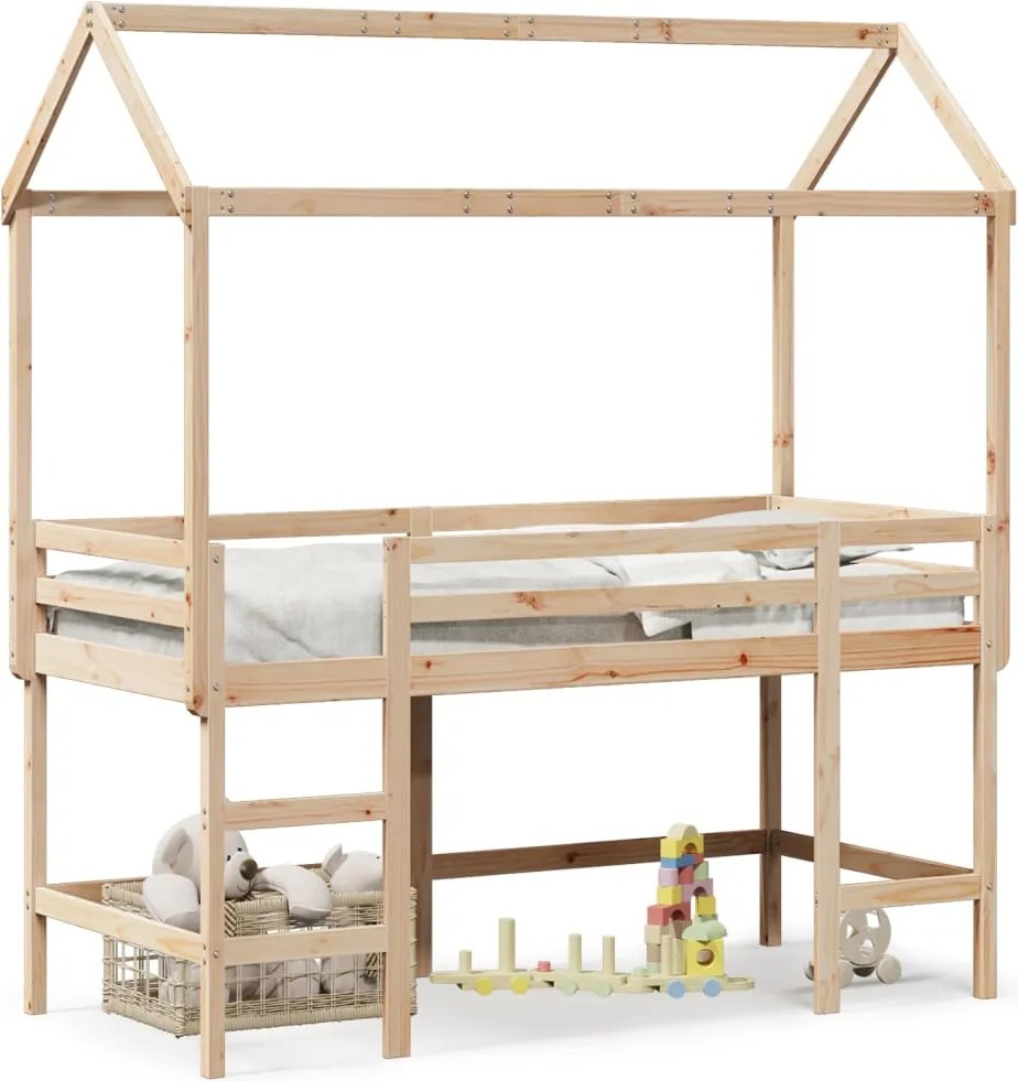 vidaXL Pat etajat cu scară și acoperiș, alb, 80x200 cm, lemn masiv pin