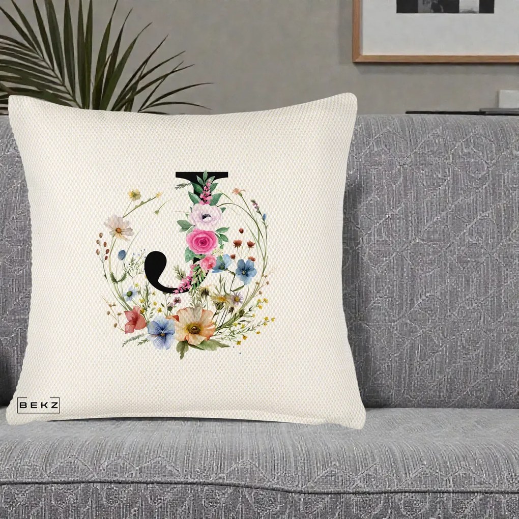 Cadou Personalizat - Perna Personalizata Monogram Litera J cu Flori Acuarela, 40x40 cm, Crem Reliefat, Husa Detasabila, Perna Inclusa, BEKZ®
