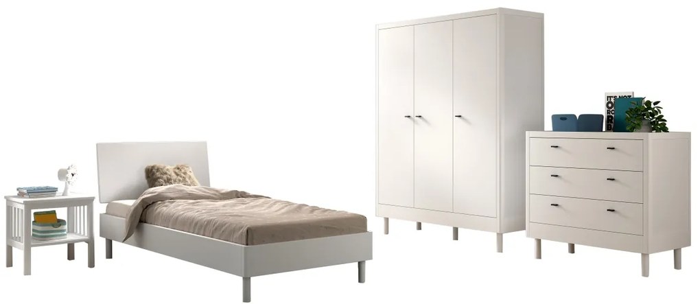 Set Complet Mobilier Camera Copii Forrest Beech, Pat 90x200 cm, Dulap cu 3 Uși, Noptieră și Comodă, din Lemn de Fag Lăcuit Alb – Vipack