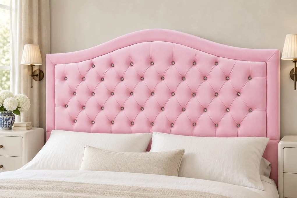 Pat tapițat Chesterfield din catifea Solaria Deluxe Cristal 180×200 cm, roz, cu ladă de depozitare