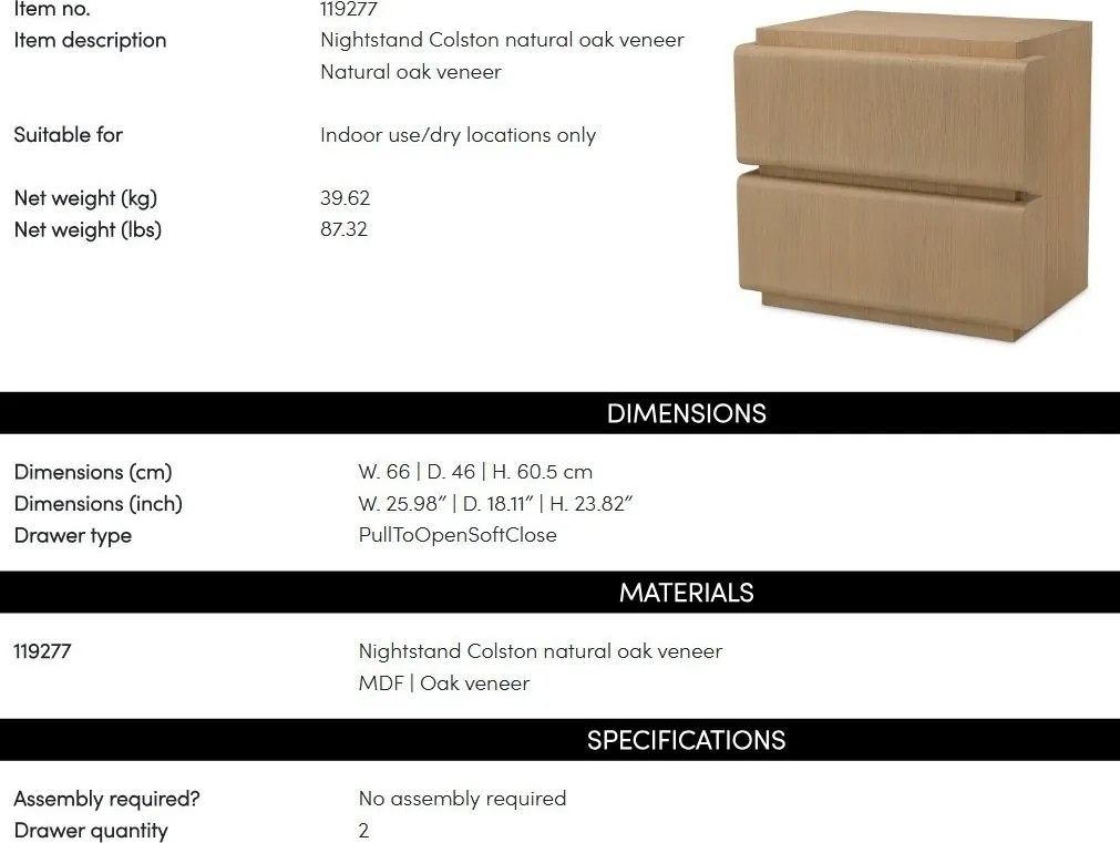 Noptiera LUX Furnir Stejar Natur, Colston