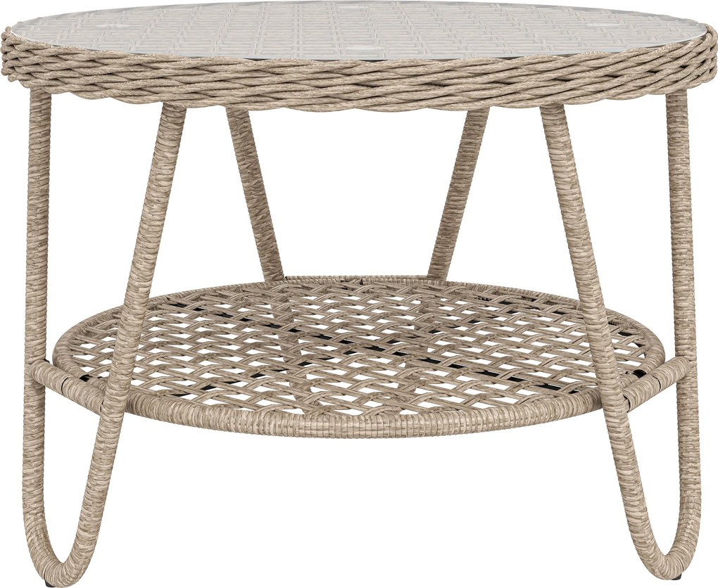 Outsunny Măsuță laterală din polyrattan, masă de cafea în 2 niveluri cu raft, blat din sticlă, picioare reglabile, 65 x 65 x 50 cm, galben | Aosom Romania