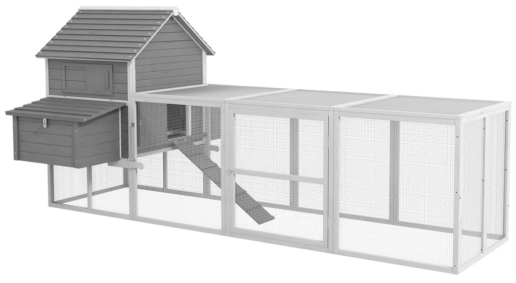 Pawhut Cotet pentru Gaini Ouatoare pentru Exterior, Adapost pentru Gaini cu Rampa si Zona Deschisa Imprejmuita, 310.5x149.5x149cm, Gri