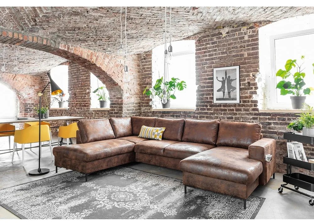 Canapea extensibilă în formă de „U” din imitație de piele cu șezlong pe partea stângă Miuform Lofty Lilly Vintage, maro