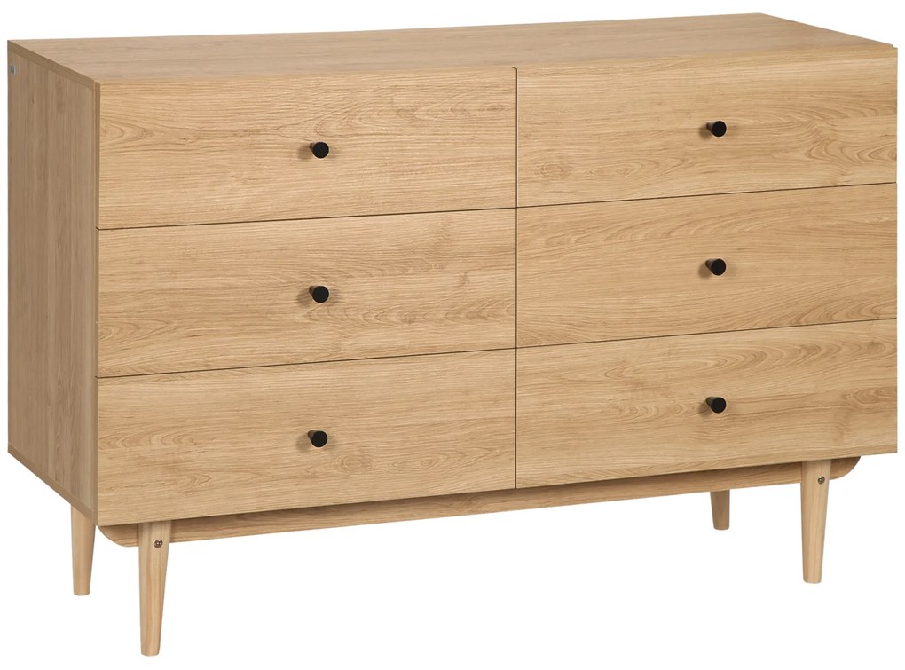 HOMCOM Comodă 6 sertare mobilier de depozitare picioare din lemn masiv 120 x 40 x 80 cm culoare lemn | Aosom Romania