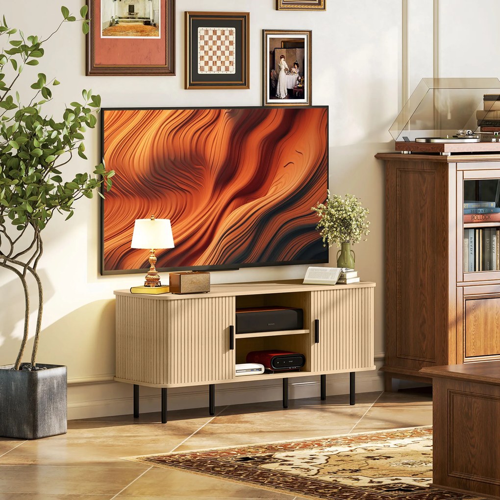 HOMCOM Dulap TV cu 2 Dulapuri, 2 Rafturi și 2 Orificii pentru Cabluri, Mobilier TV din Lemn, 120x40x55 cm, Lemn Natural | Aosom Romania