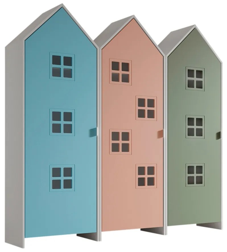Set 3 dulapuri pentru copii Casami Bruges tip colibă de plajă – 1 cu ușă Roz Confortabil, 1 cu ușă Albastru și 1 cu ușă Verde Intens – Vipack