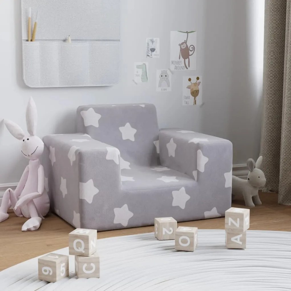 341809 vidaXL Canapea pentru copii, gri deschis cu stele, pluș moale