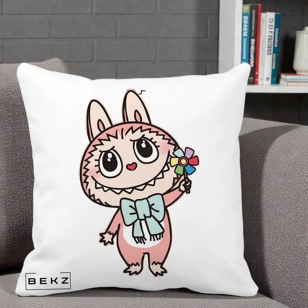 Perna Personalizata Labubu Roz cu Morisca, 40x40 cm, Alba Mata, Husa Detasabila, Perna Inclusa, BEKZ®