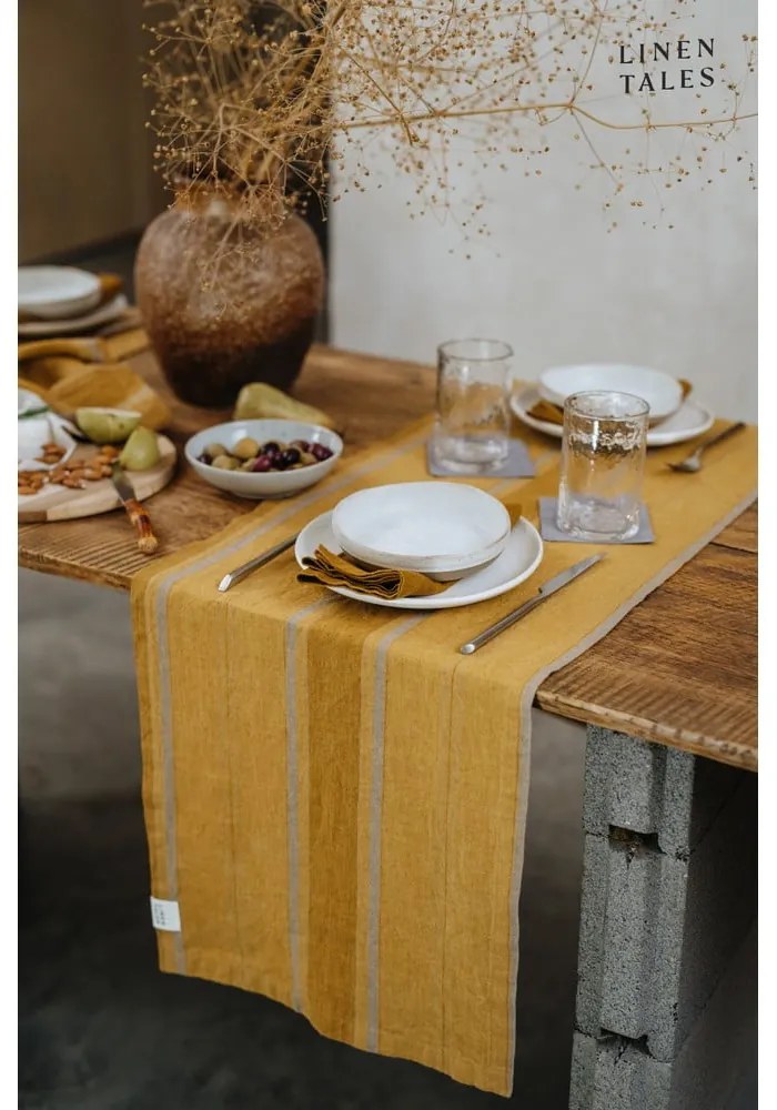Napron de masă din in 200x200 cm Amber Bronze Stripes – Linen Tales