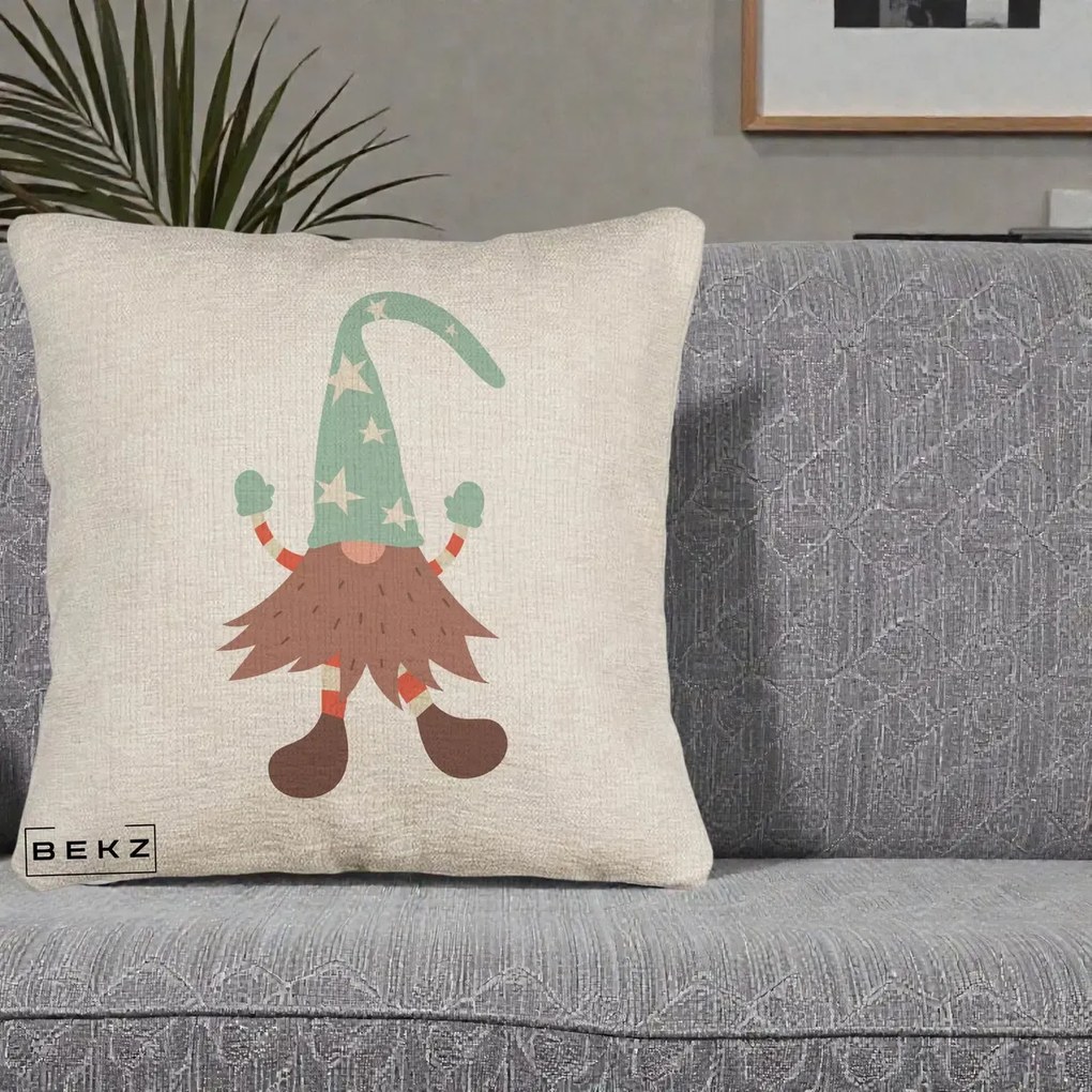 Perna Decorativa Pitic Gnom Nordic cu Cadou Menta, 40x40 cm, Bej Canapea, Husa Detasabila, Perna Inclusa, BEKZ®