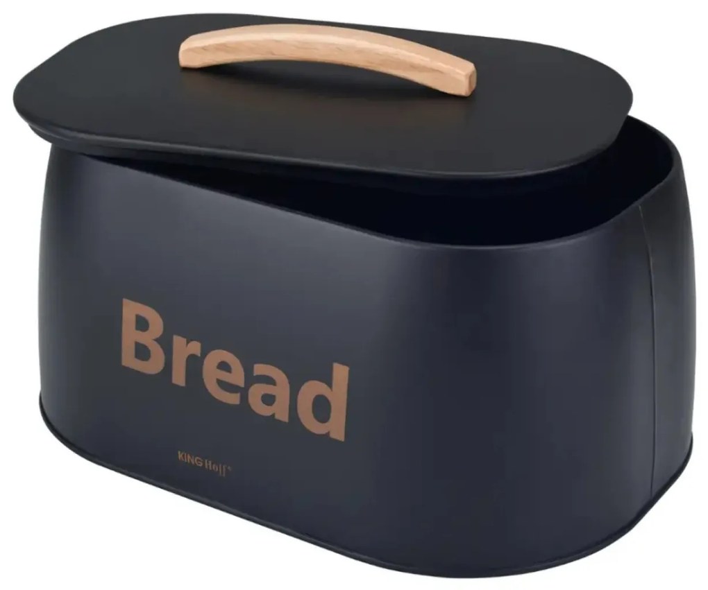 Cutie pentru pâine din metal cu mâner din lemn, 34×24×18.5 cm, neagră, KINGHoff KH-1946