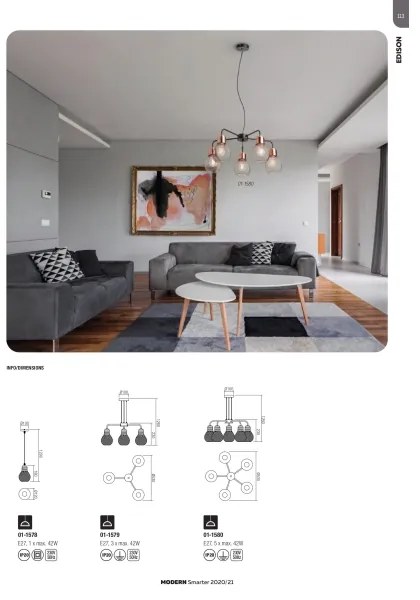 Redo 01-1580 - Candelabru suspendat pe cablu EDISON, 5x E27 / 42W / 230V, Ø 53 cm, negru/cupru