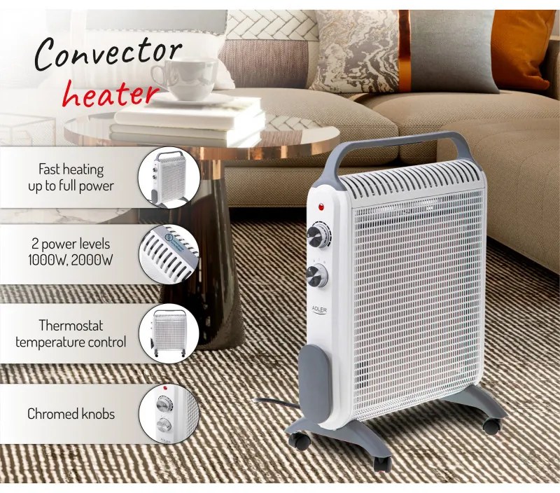 Convector podea Adler AD 7750, 2000W, 2 trepte, Termostat regabil, IP24, Protectie, Alb/Gri