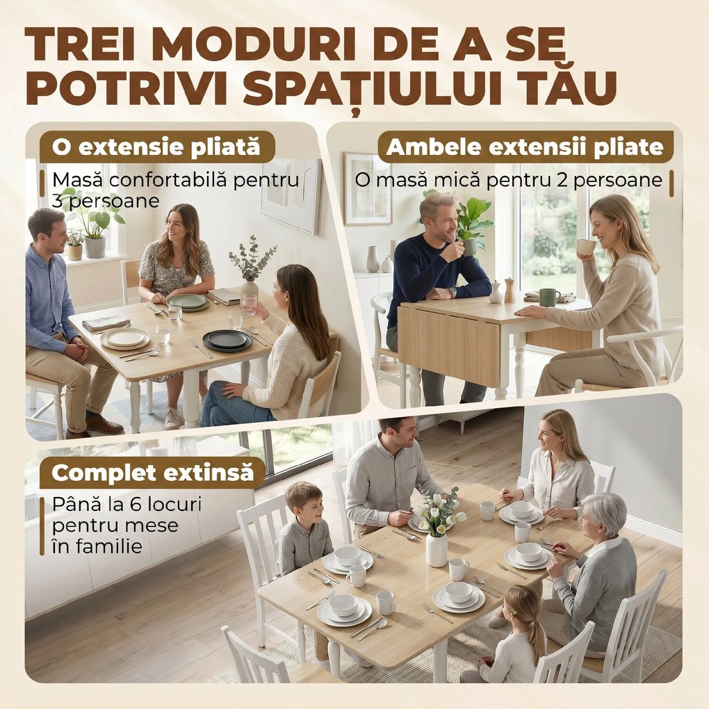 HOMCOM Masă Pliabilă pentru 2-6 Persoane, Extensibilă, Efect de Lemn, Finisaj Natural | Aosom Romania