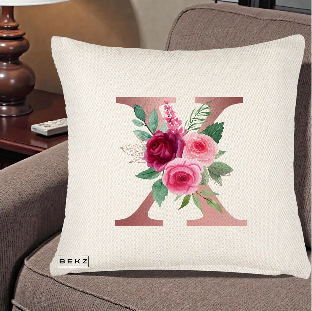 Cadou Personalizat - Perna Personalizata Monograma Rose Gold Litera X, 40x40 cm, Crem Reliefat, Husa Detasabila, Perna Inclusa, BEKZ®