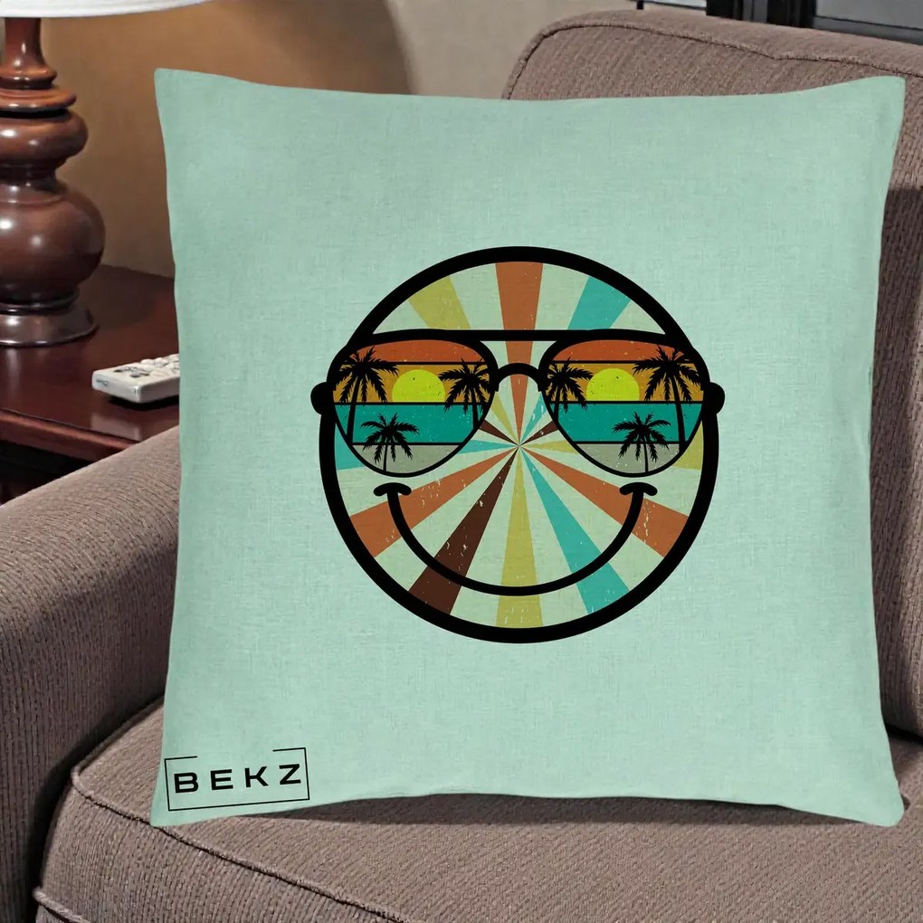 Perna Decorativa Smiley Face Retro Sunset Palmieri, 40x40 cm, Verde Menta, Husa Detasabila, Perna Inclusa, BEKZ®