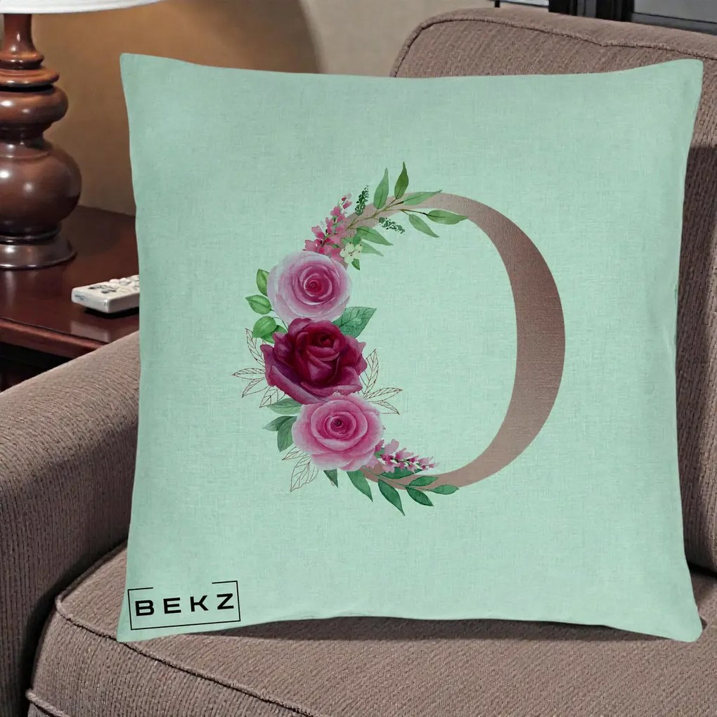 Cadou Personalizat - Perna Personalizata Monograma Rose Gold Litera O, 40x40 cm, Verde Menta, Husa Detasabila, Perna Inclusa, BEKZ®
