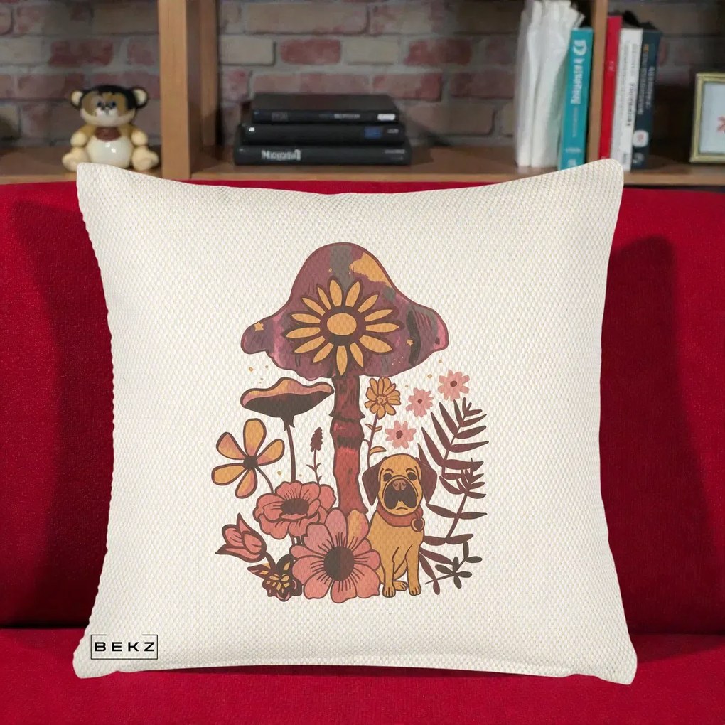 Perna Decorativa Ciuperca Caine Boho, 40x40 cm, Crem Reliefat, Husa Detasabila, Perna Inclusa, BEKZ®