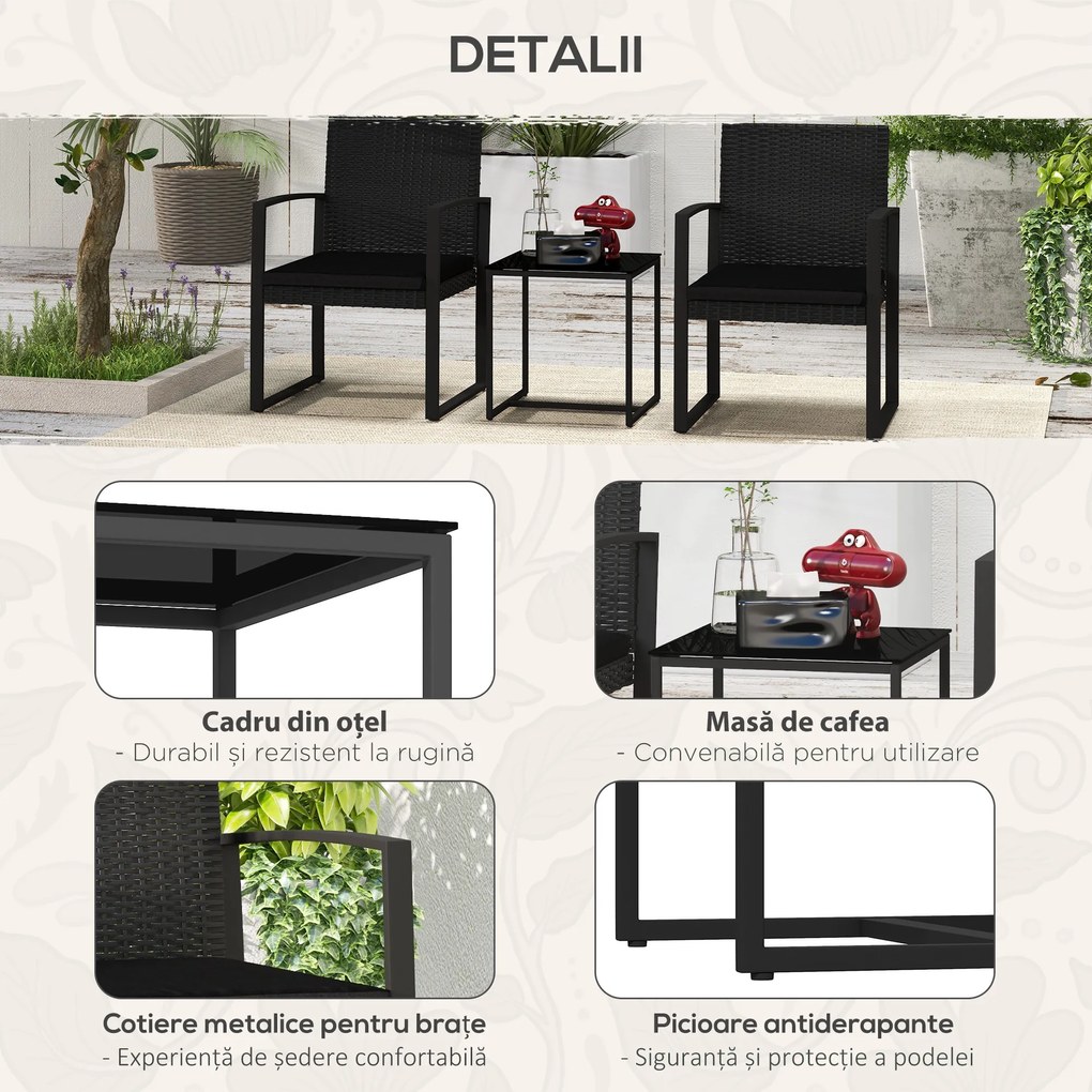 Outsunny Set de cafea din ratan PP din 3 piese cu perne, Mobilier bistro pentru exterior cu fotolii cu efect de ratan | Aosom Romania