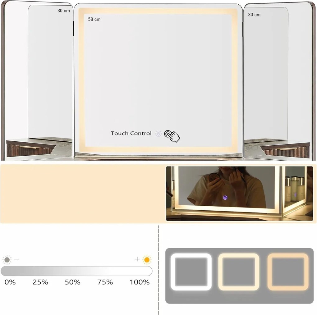 Masuta machiaj cu Oglinda LED si 3 Sertare pentru Cosmetice, Set Masa toaleta 122 cm, Maro, masuta cosmetica, vanity - SEM22