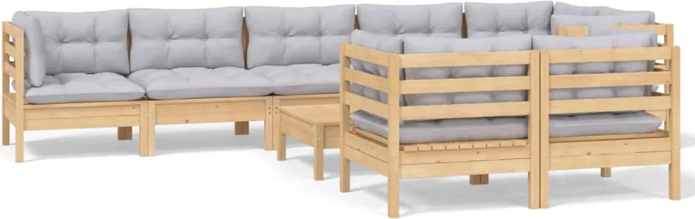 vidaXL Set mobilier de grădină cu perne gri, 9 piese, lemn masiv pin
