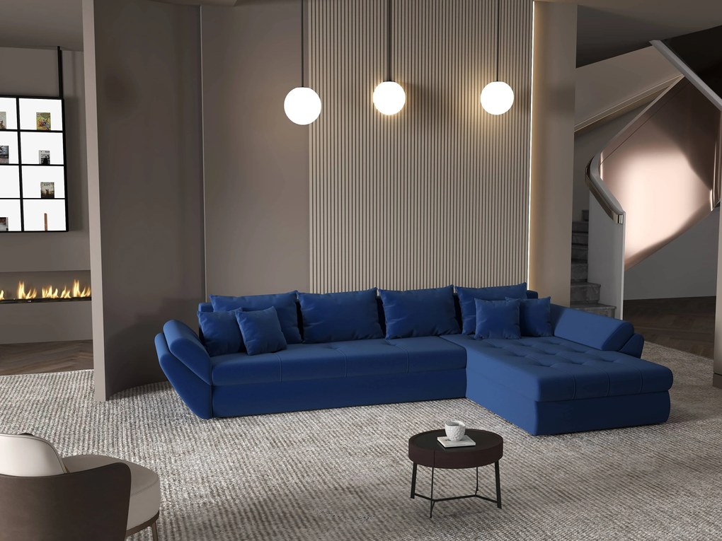 Colțar extensibil dumonde cu ladă de depozitare si sezut confortabil din spuma high-density, Loana XL Royal Albastru II 335x185 cm