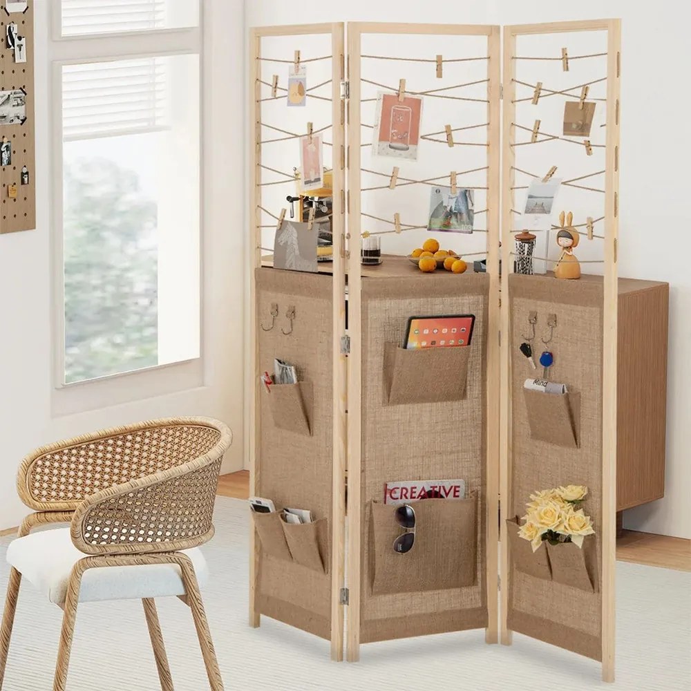 Paravan cu 3 panouri, 8 compartimente de depozitare și 4 cârlige – natur