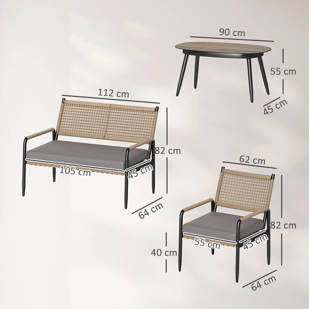 Outsunny Set de mobilier de grădină din rătan Set de lounge cu canapea dublă, fotoliu, masă cu geam, perne pentru 4 persoane, Gri închis+Galben | Aosom Romania