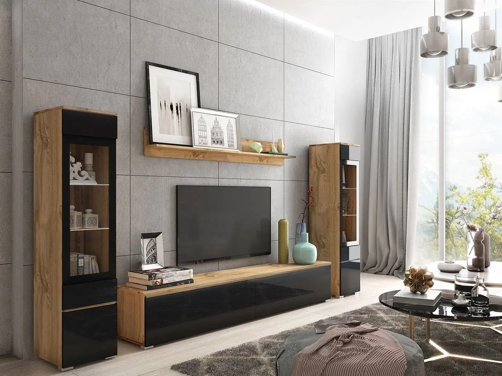 Mobilier living Selwyn II (wotan + Negru lucios ) (fără iluminat). 1054048