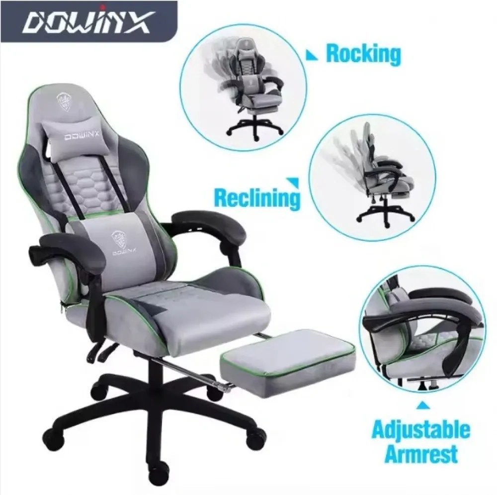 DOWINX Scaun gaming, ergonomic, suport lombar cu masaj, spătar reglabil, tetieră, suport pentru picioare, rezistent 150 kg, material textil, Gri