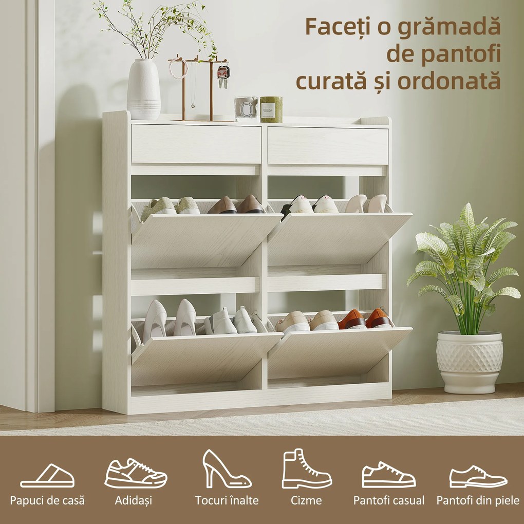 HOMCOM Dulap pentru Pantofi cu 4 Sertare Rabatabile și 2 Sertare Glisante Alb | Aosom Romania
