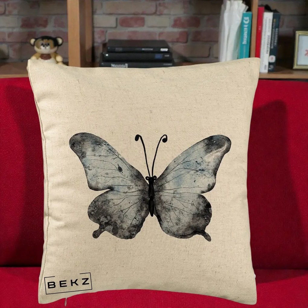 Perna Decorativa Fluture Acuarela Albastru-Gri, 40x40 cm, Bej, Husa Detasabila, Perna Inclusa, BEKZ®