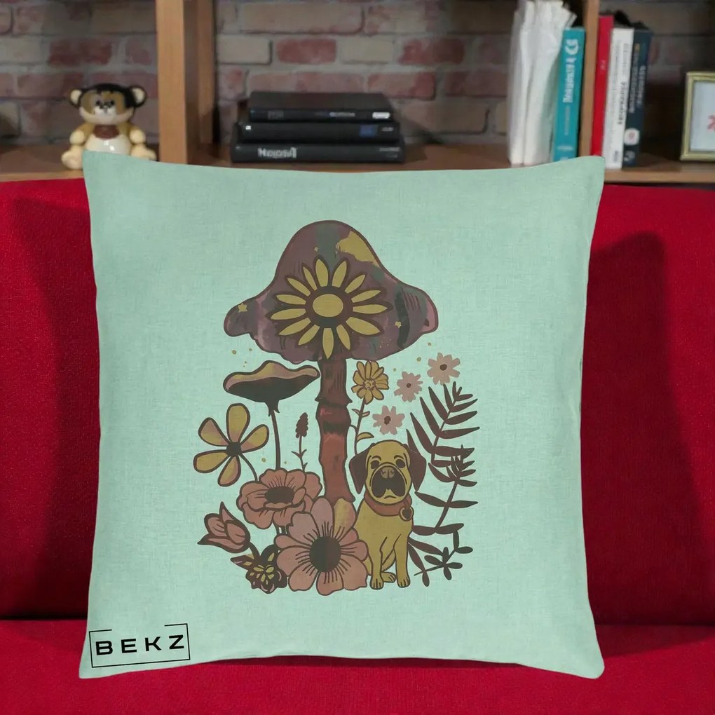 Perna Decorativa Ciuperca Caine Boho, 40x40 cm, Verde Menta, Husa Detasabila, Perna Inclusa, BEKZ®