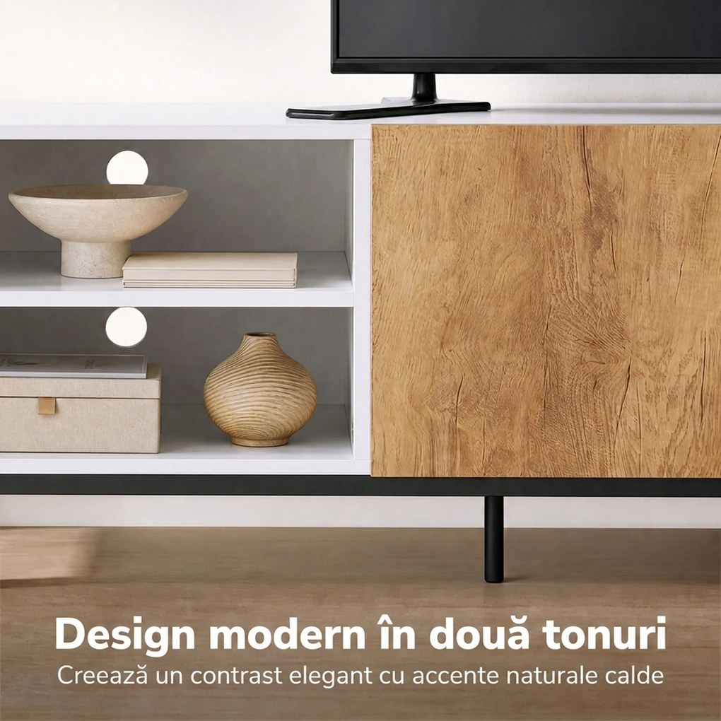 HOMCOM Comodă TV cu Rafturi Reglabile și Ușă Soft-Close, PAL și Oțel, 140x36,5x50 cm, Alb și Stejar | Aosom Romania