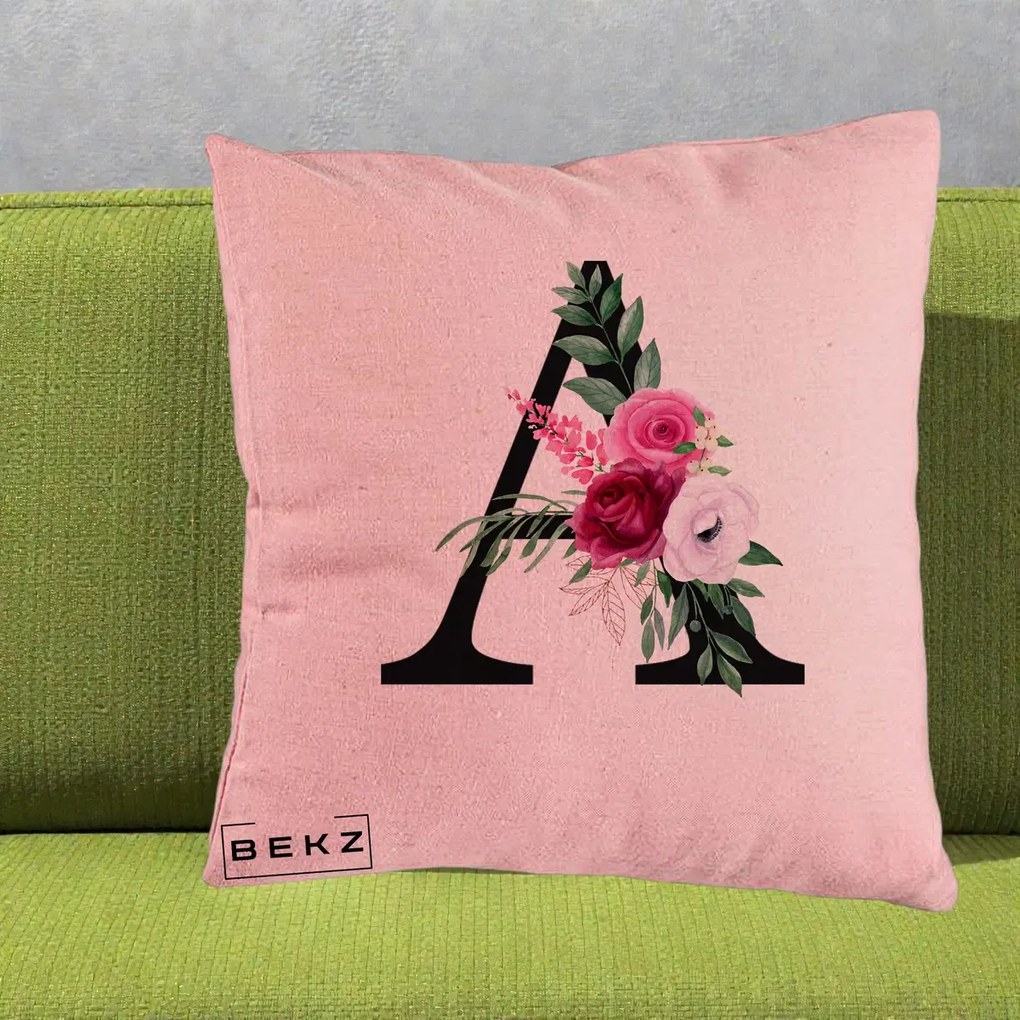 Cadou Personalizat - Perna Personalizata Monograma Florala Litera A, 40x40 cm, Roz, Husa Detasabila, Perna Inclusa, BEKZ®