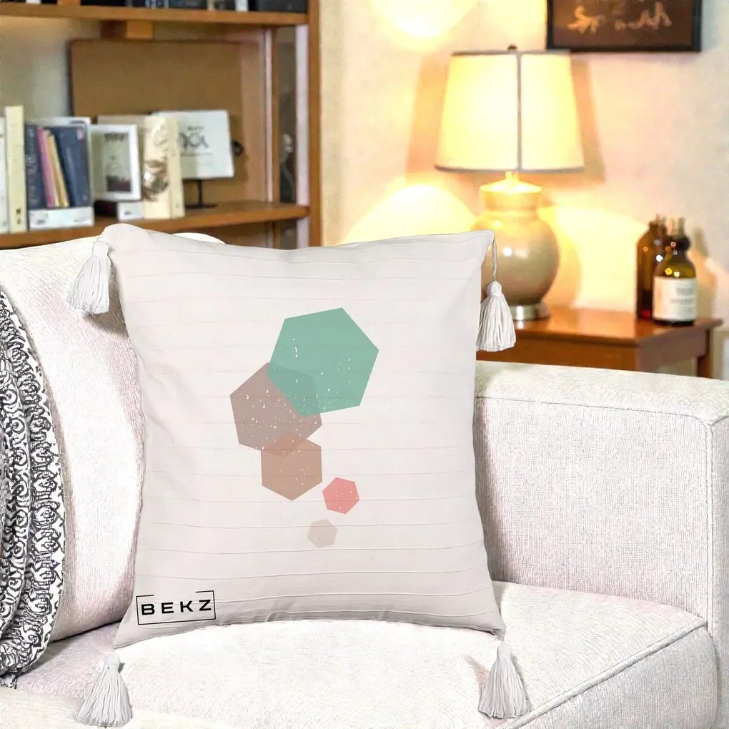 Perna Decorativa Geometric Hexagoane Pastel, 40x40 cm, Bej cu Franjuri, Husa Detasabila, Perna Inclusa, BEKZ®