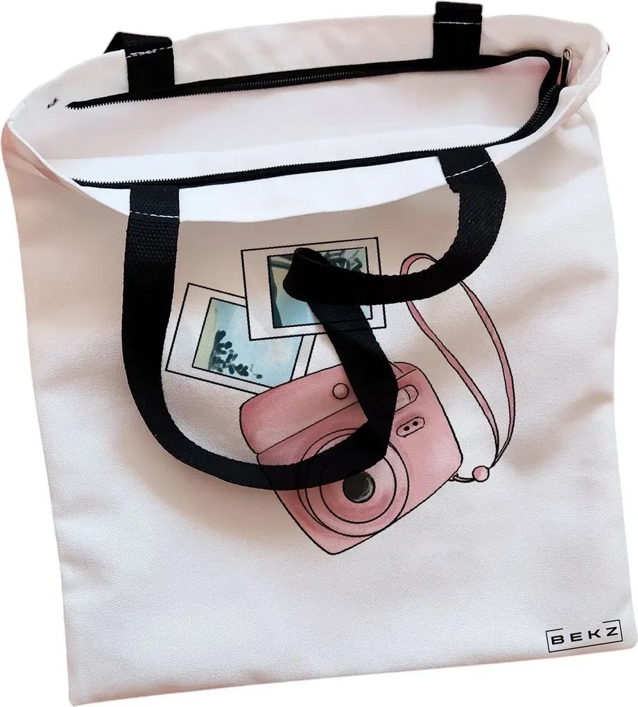 Sacosa de Panza pentru Cumparaturi, Geanta Tote, Travel Girl 13, Cu fermoar, 38x34.5 cm, Alba, BEKZ®