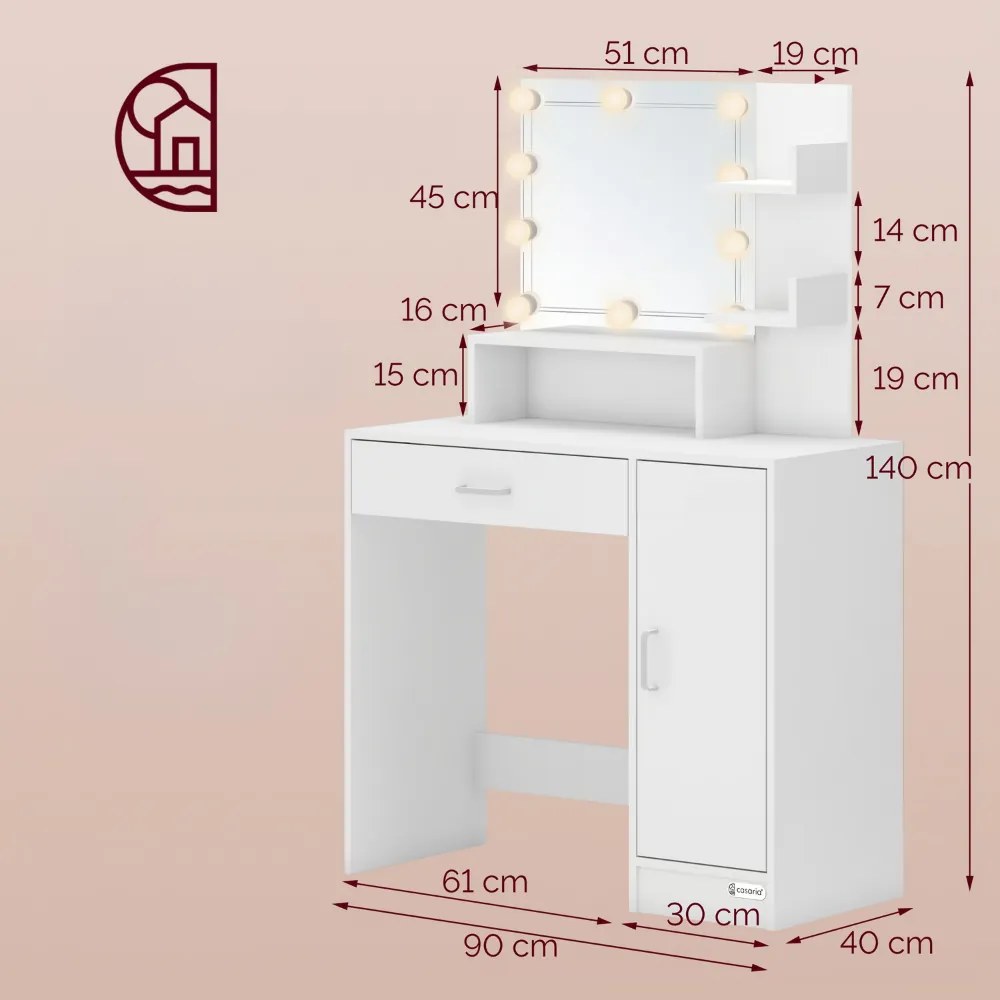 Masă de toaletă JOCELYN cu iluminare, 140×90×40cm, albă Casaria