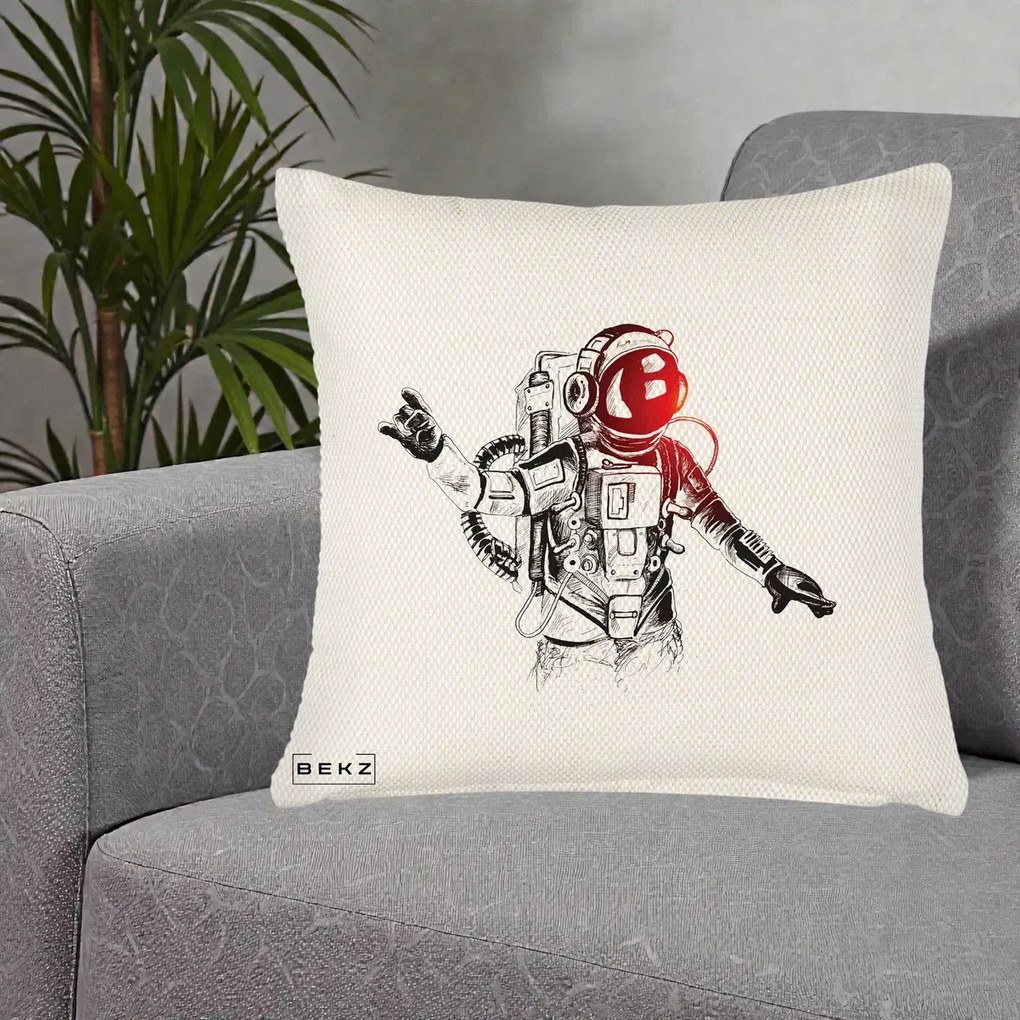 Perna Decorativa Astronaut Rock Sketching, 40x40 cm, Crem Reliefat, Husa Detasabila, Perna Inclusa, BEKZ®