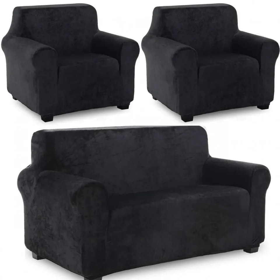 Set huse elastice din catifea pentru canapea 3 locuri + 2 fotolii, cu brate, negru, HCCJS-01