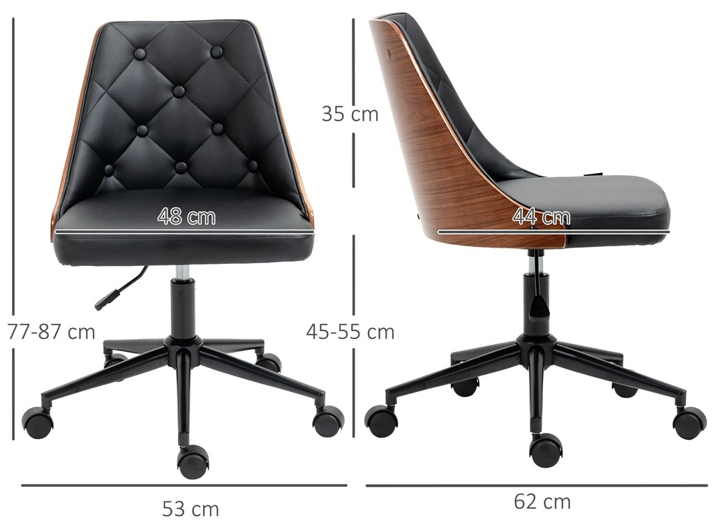 Vinsetto Scaun de Birou cu Înălțime Reglabilă și Basculare pentru Dormitor Birou 53x62x77-87 cm Negru și Lemn | Aosom Romania