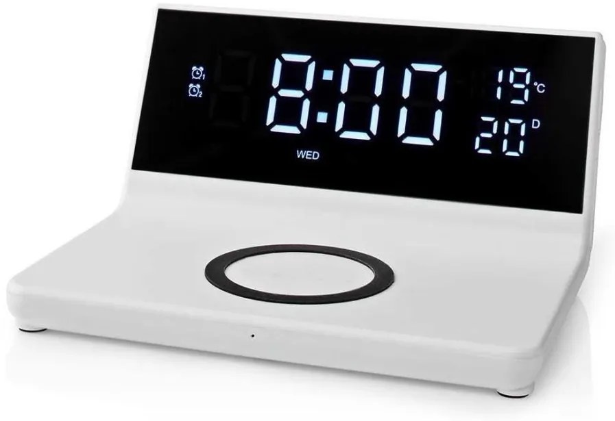 Nedis WCACQ20WT - Ceas cu alarmă, ecran LCD și încărcător wireless 15W/5V alb