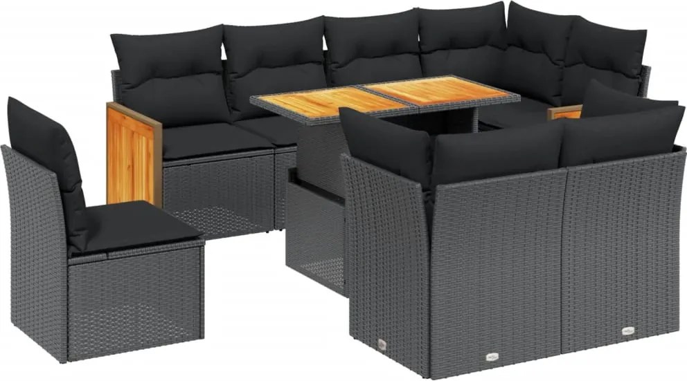 vidaXL Set mobilier de grădină cu perne, 9 piese, negru, poliratan